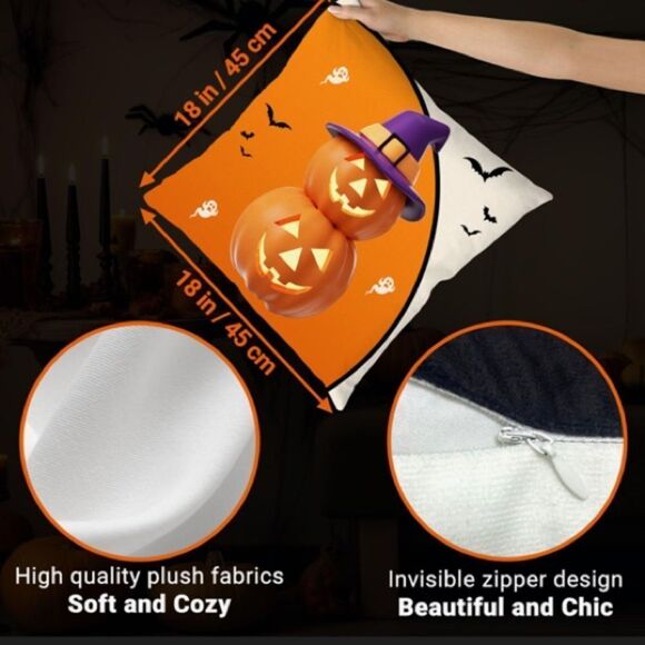 Throw Pillow Covers 18x18 Set Of 4 Halloween, Ghost, Cat, Witch Hat - Picture 4 of 6